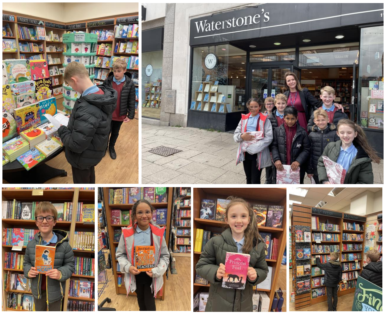 images of children and teacher enjoying a visit to the local library