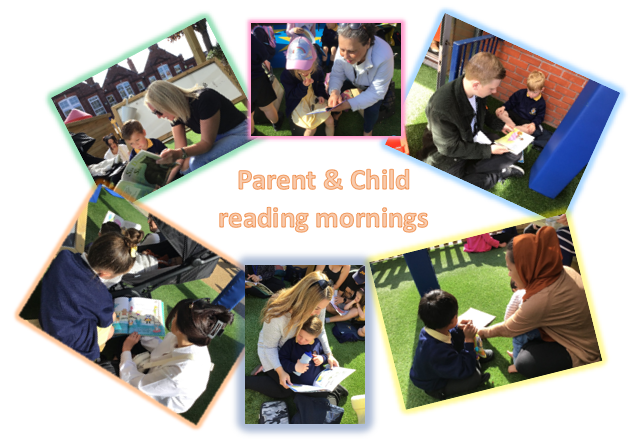Images of parents and children reading together 