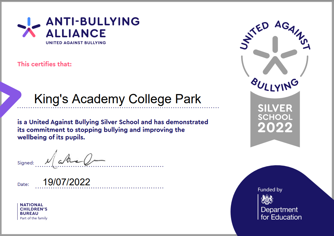 Anti-Bullying Alliance silver certificate awarded to KACP in July 2022