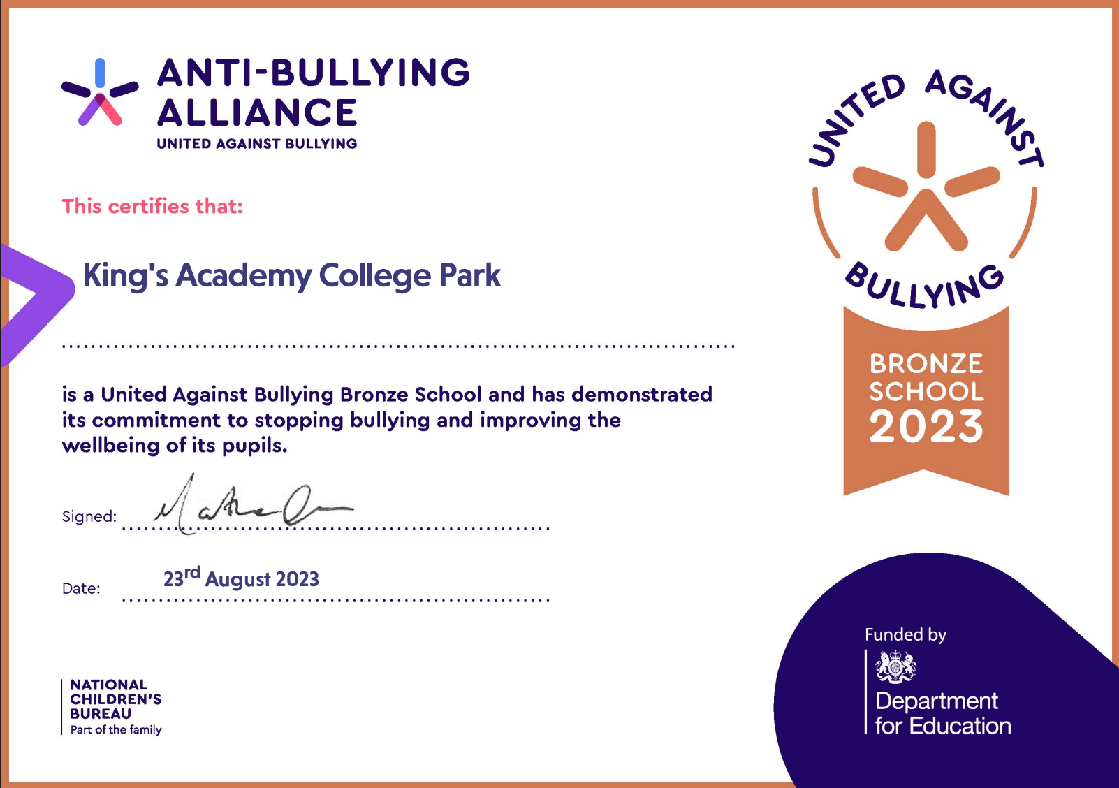 Anti-Bullying Alliance Bronze certificate awarded to KACP in August 2023