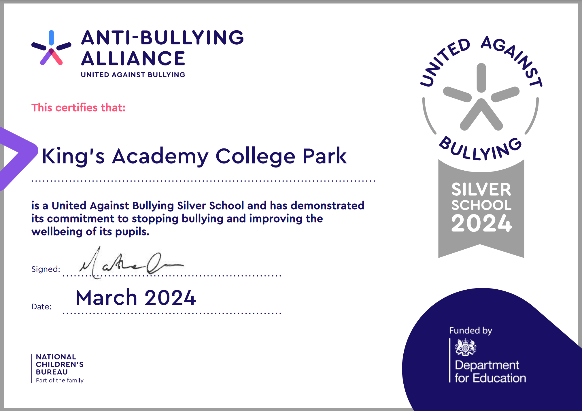 Anti-Bullying Alliance Silver certificate awarded to KACP in March 2024