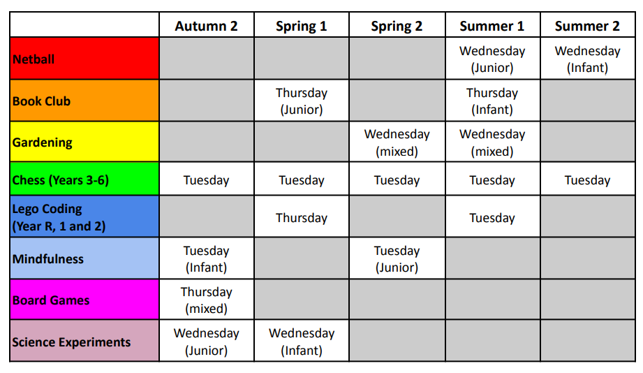 Extra Curricular activities timetable