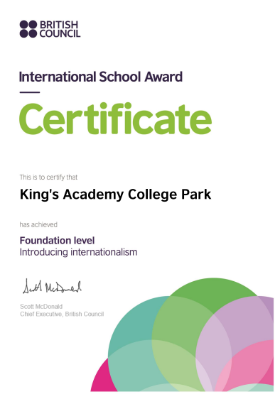 International School Award certificate issued to KACP by British Council