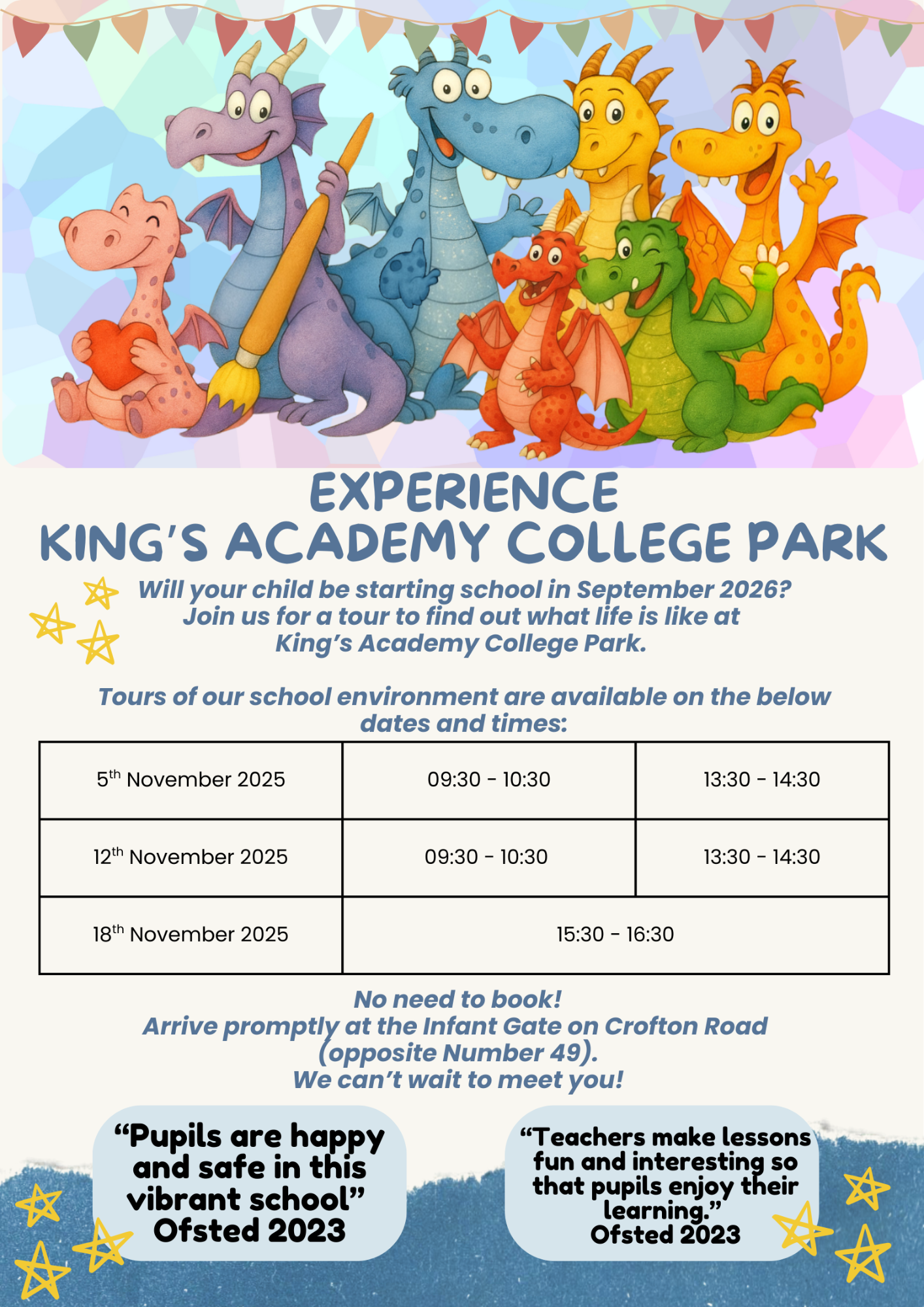 Poster detailing our open tour events