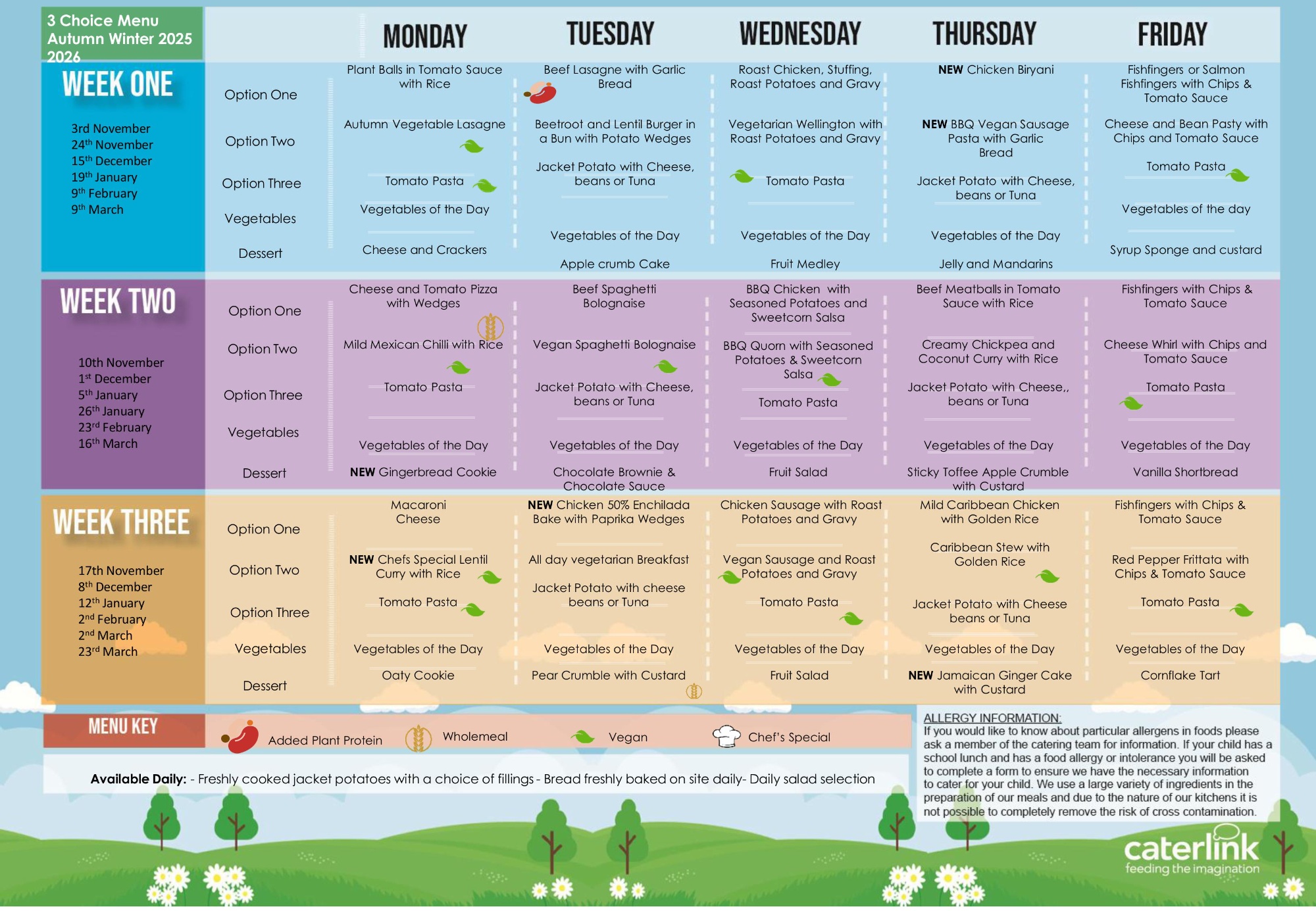 2025 Autumn Winter school dinner menu